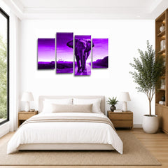 LR Elephant Sunset Wall Art Picture – Purple & Grey African Framed 4 Panel Split Canvas Print | Ready to Hang | Modern Wall Art for Living Room, Bedroom & Office