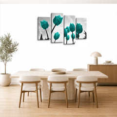 LR Floral Rose Tulip Wall Art Picture – Grey & Teal Framed 4 Panel Split Canvas Print | Ready to Hang | Modern Wall Art for Living Room, Bedroom & Office