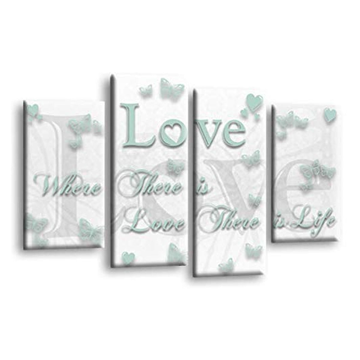 LR Love Quote Wall Art Picture – White & Duck Egg Framed 4 Panel Split Canvas Print | Ready to Hang | Modern Wall Art for Living Room, Bedroom & Office
