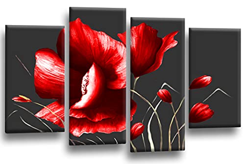 LR Floral Rose Grey Red Flower Wall Art Poppy Split Canvas Picture