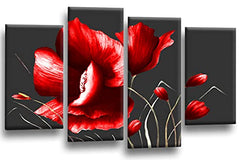 LR Floral Rose Grey Red Flower Wall Art Poppy Split Canvas Picture