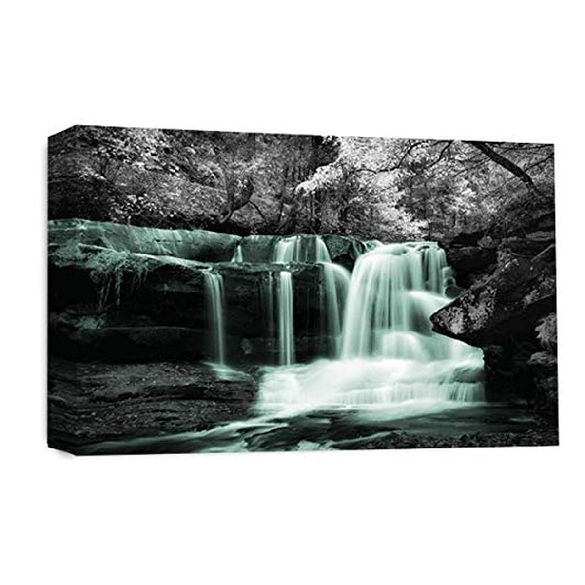LR Duck Egg Waterfall Wall Art Picture – Grey, White & Forest Framed Canvas Print | Ready to Hang | Modern Wall Art for Living Room, Bedroom & Office