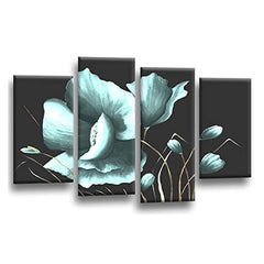 LR Floral Rose Wall Art Picture – Duck Egg Framed 4 Panel Split Canvas Print | Ready to Hang | Modern Wall Art for Living Room, Bedroom & Office