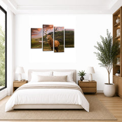 LR Scottish Highland Stag Wall Art Picture – Grey, Green & Brown Framed 4 Panel Split Canvas Print | Ready to Hang | Modern Wall Art for Living Room, Bedroom & Office