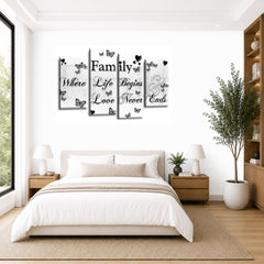 LR Family Quote Wall Art Picture – Grey, Black & White Love Framed 4 Panel Split Canvas Print | Ready to Hang | Modern Wall Art for Living Room, Bedroom & Office