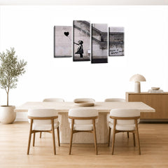 LR Banksy Wall Art Picture – Grey & Black Graffiti Art Framed 4 Panel Split Canvas Print | Ready to Hang | Modern Wall Art for Living Room, Bedroom & Office