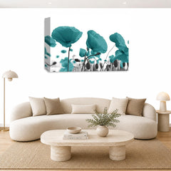 LR Floral Poppy Rose Wall Art Picture – Teal & White Framed Canvas Print | Ready to Hang | Modern Wall Art for Living Room, Bedroom & Office