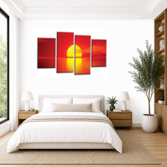 LR Sunset Wall Art Picture – Red & Orange Beach Seascape Framed 4 Panel Split Canvas Print | Ready to Hang | Modern Wall Art for Living Room, Bedroom & Office