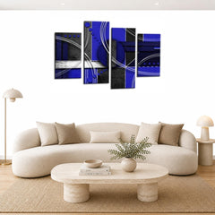 LR Abstract Wall Art Picture – Grey, Blue & White Modern Framed 4 Panel Split Canvas Print | Ready to Hang | Modern Wall Art for Living Room, Bedroom & Office