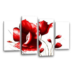 LR Floral Wall Art Picture – Red & White Framed 4 Panel Split Canvas Print | Ready to Hang | Modern Wall Art for Living Room, Bedroom & Office