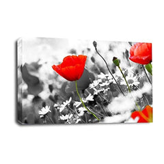LR Floral Flower Poppy Wall Art Picture – Yellow & White Framed Canvas Print | Ready to Hang | Modern Wall Art for Living Room, Bedroom & Office