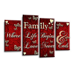 LR Family Love Quote Wall Art Picture – Red & Cream Framed 4 Panel Split Canvas Print | Ready to Hang | Modern Wall Art for Living Room, Bedroom & Office