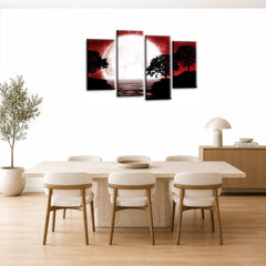 LR Landscape Wall Art Picture – Red, Black & White Floral Framed 4 Panel Split Canvas Print | Ready to Hang | Modern Wall Art for Living Room, Bedroom & Office