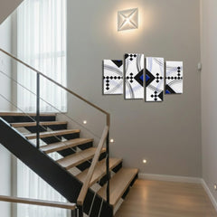 LR Blue Abstract Wall Art Picture – Black & White Modern Framed 4 Panel Split Canvas Print | Ready to Hang | Modern Wall Art for Living Room, Bedroom & Office