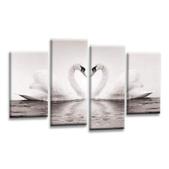 LR Love Heart Swans Wall Art Picture – Grey, Cream & White Framed 4 Panel Split Canvas Print | Ready to Hang | Modern Wall Art for Living Room, Bedroom & Office