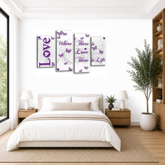 LR Love Quote Wall Art Picture – Purple & White Framed 4 Panel Split Canvas Print | Ready to Hang | Modern Wall Art for Living Room, Bedroom & Office