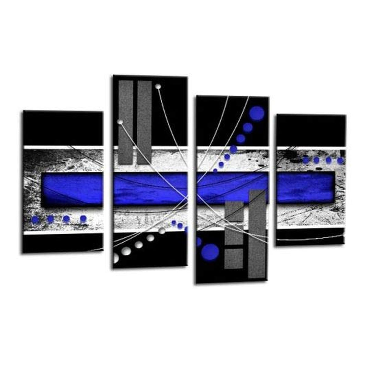 LR Abstract Wall Art Picture – Blue, Black & White Modern Framed 4 Panel Split Canvas Print | Ready to Hang | Modern Wall Art for Living Room, Bedroom & Office