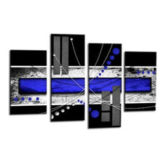 LR Abstract Wall Art Picture – Blue, Black & White Modern Framed 4 Panel Split Canvas Print | Ready to Hang | Modern Wall Art for Living Room, Bedroom & Office
