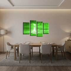 LR Sunset Beach Wall Art Picture – Green & Cream Seascape Framed 4 Panel Split Canvas Print | Ready to Hang | Modern Wall Art for Living Room, Bedroom & Office