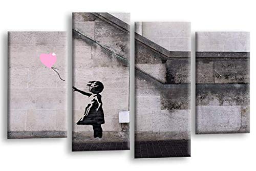 LR Banksy Wall Art Picture – Grey & Pink Graffiti Art Framed 4 Panel Split Canvas Print | Ready to Hang | Modern Wall Art for Living Room, Bedroom & Office