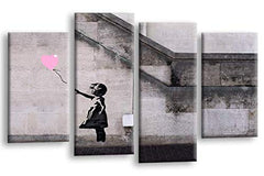 LR Banksy Wall Art Picture – Grey & Pink Graffiti Art Framed 4 Panel Split Canvas Print | Ready to Hang | Modern Wall Art for Living Room, Bedroom & Office