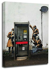 LR Framed Banksy Spies Canvas Wall Art Grey White Telephone Peace Love Picture Print Ready to Hang