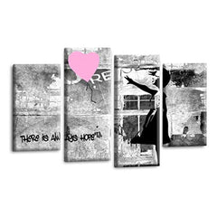 LR Banksy Wall Art Picture – Grey & Pink Graffiti Art Framed 4 Panel Split Canvas Print | Ready to Hang | Modern Wall Art for Living Room, Bedroom & Office