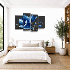 LR Floral Rose Blue Wall Art Picture Framed 4 Panel Split Canvas Print | Ready to Hang | Modern Wall Art for Living Room, Bedroom & Office