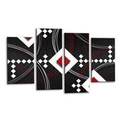 LR Red Abstract Wall Art Picture – Black & White Modern Framed 4 Panel Split Canvas Print | Ready to Hang | Modern Wall Art for Living Room, Bedroom & Office