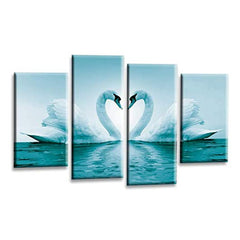 LR Love Swans Wall Art Picture – Teal & White Heart Framed 4 Panel Split Canvas Print | Ready to Hang | Modern Wall Art for Living Room, Bedroom & Office