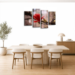 LR Floral Rose Wall Art Picture – Grey & Red Framed 4 Panel Split Canvas Print | Ready to Hang | Modern Wall Art for Living Room, Bedroom & Office