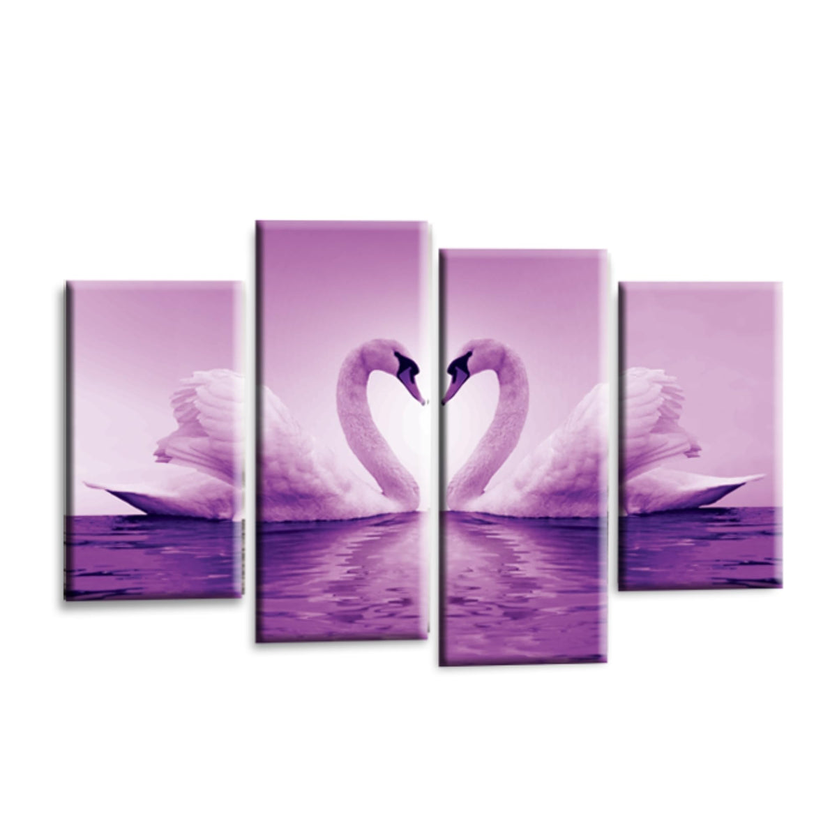 LR Love Swans Wall Art Picture – Purple & White Heart Framed 4 Panel Split Canvas Print | Ready to Hang | Modern Wall Art for Living Room, Bedroom & Office