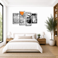 LR Banksy Wall Art Picture – Grey & Orange Graffiti Art Framed 4 Panel Split Canvas Print | Ready to Hang | Modern Wall Art for Living Room, Bedroom & Office