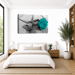 LR Floral Teal Rose Wall Art Picture – Grey & White Framed Canvas Print | Ready to Hang | Modern Wall Art for Living Room, Bedroom & Office