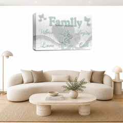 LR Family Love Quote Wall Art Picture – White & Duck Egg Framed Canvas Print | Ready to Hang | Modern Wall Art for Living Room, Bedroom & Office
