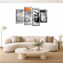 LR Banksy Wall Art Picture – Grey & Orange Graffiti Art Framed 4 Panel Split Canvas Print | Ready to Hang | Modern Wall Art for Living Room, Bedroom & Office