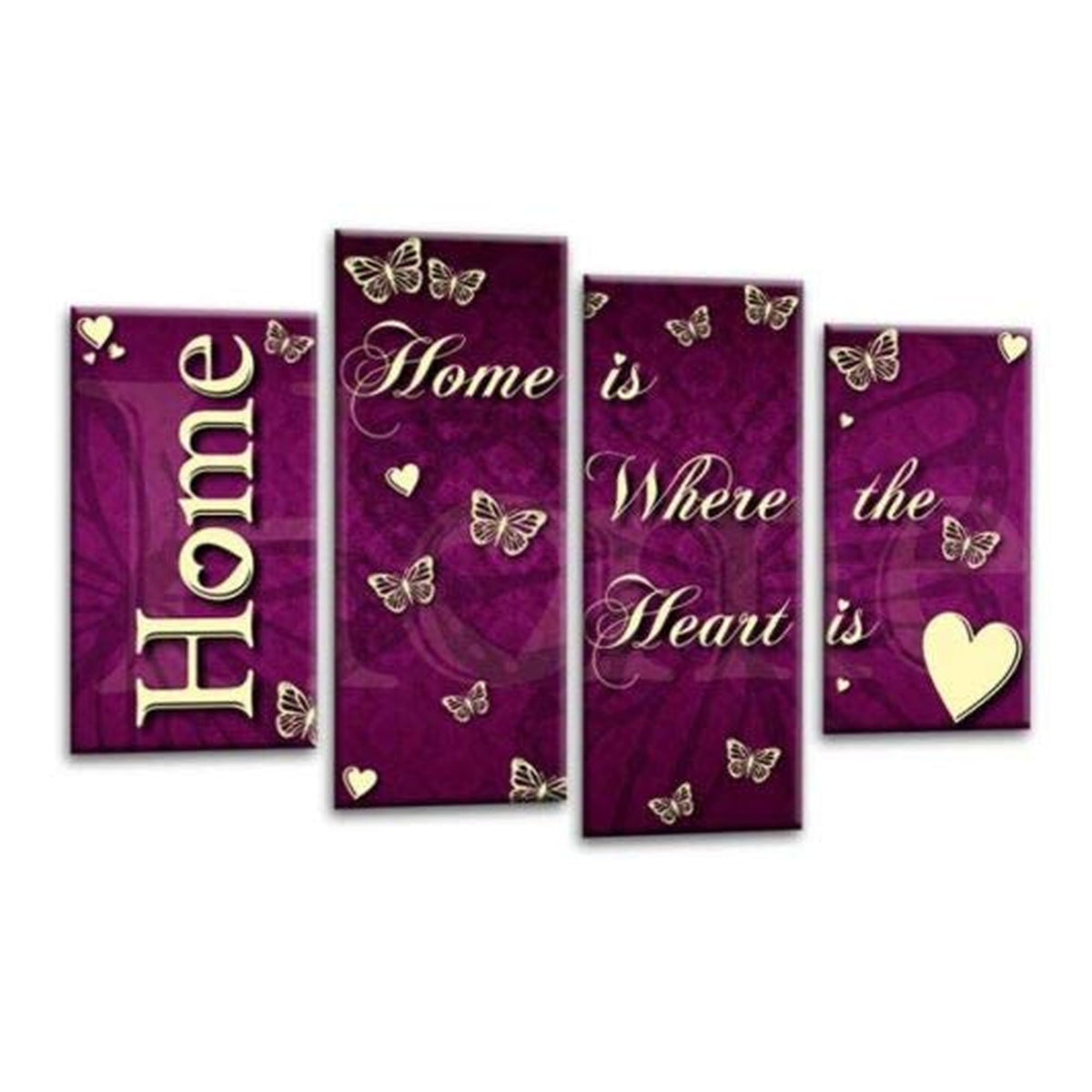 LR Home Love Quote Wall Art Picture – Purple & Cream Framed 4 Panel Split Canvas Print | Ready to Hang | Modern Wall Art for Living Room, Bedroom & Office