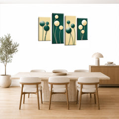 LR Floral Rose Wall Art Picture – Green & Cream Framed 4 Panel Split Canvas Print | Ready to Hang | Modern Wall Art for Living Room, Bedroom & Office