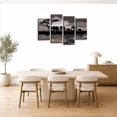 LR Elephant Sunset Wall Art Picture – Grey, Black & White African Framed 4 Panel Split Canvas Print | Ready to Hang | Modern Wall Art for Living Room, Bedroom & Office
