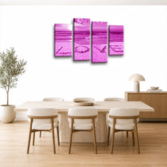 LR Love Beach Wall Art Picture – Purple & Grey Sunset Seascape Framed 4 Panel Split Canvas Print | Ready to Hang | Modern Wall Art for Living Room, Bedroom & Office