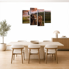 LR Large Highland Cattle Wall Art Picture Framed 4 Panel Split Canvas Print | Ready to Hang | Modern Wall Art for Living Room, Bedroom & Office