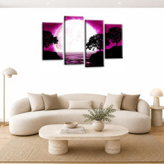LR Landscape Wall Art Picture – Purple, Black & White Floral Framed 4 Panel Split Canvas Print | Ready to Hang | Modern Wall Art for Living Room, Bedroom & Office