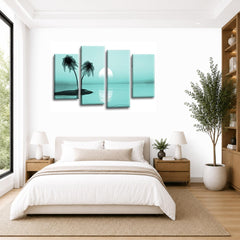 LR Sunset Beach Wall Art Picture – Teal Seascape Framed 4 Panel Split Canvas Print | Ready to Hang | Modern Wall Art for Living Room, Bedroom & Office