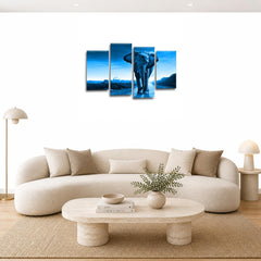 LR Elephant Sunset Wall Art Picture – Grey & Blue African Framed 4 Panel Split Canvas Print | Ready to Hang | Modern Wall Art for Living Room, Bedroom & Office