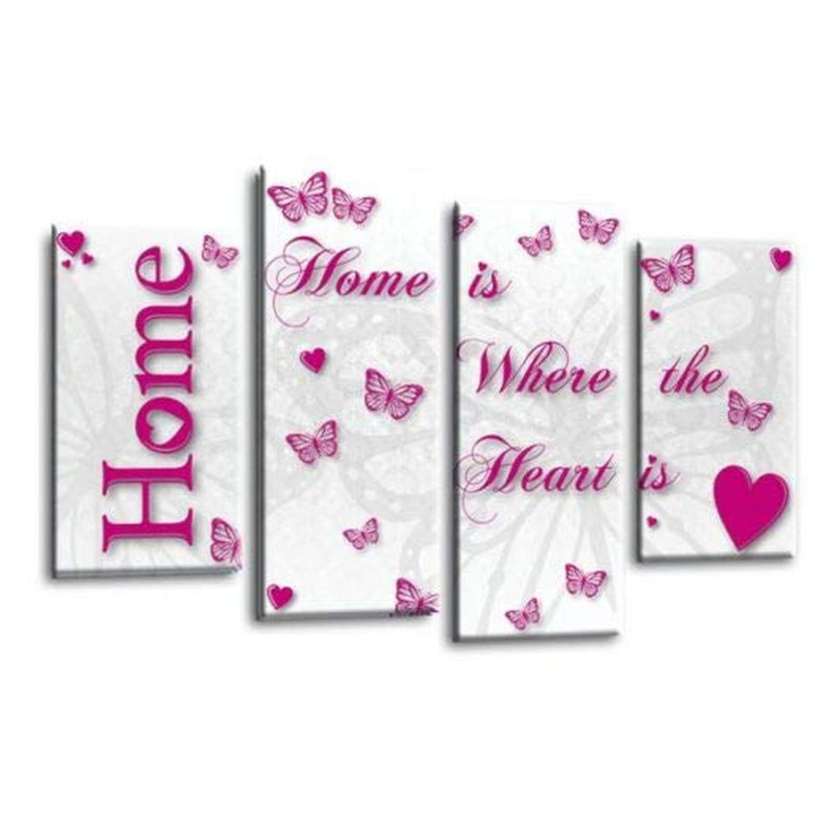 LR Home Love Wall Art Picture – Pink & White Family Quote Framed 4 Panel Split Canvas Print | Ready to Hang | Modern Wall Art for Living Room, Bedroom & Office