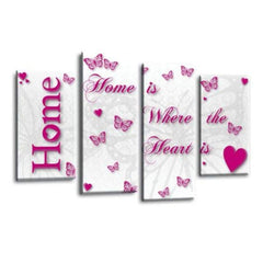 LR Home Love Wall Art Picture – Pink & White Family Quote Framed 4 Panel Split Canvas Print | Ready to Hang | Modern Wall Art for Living Room, Bedroom & Office