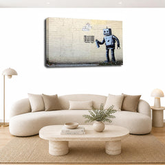 LR Banksy Robot Wall Art Picture – Grey & White Graffiti Art Framed Canvas Print | Ready to Hang | Modern Wall Art for Living Room, Bedroom & Office