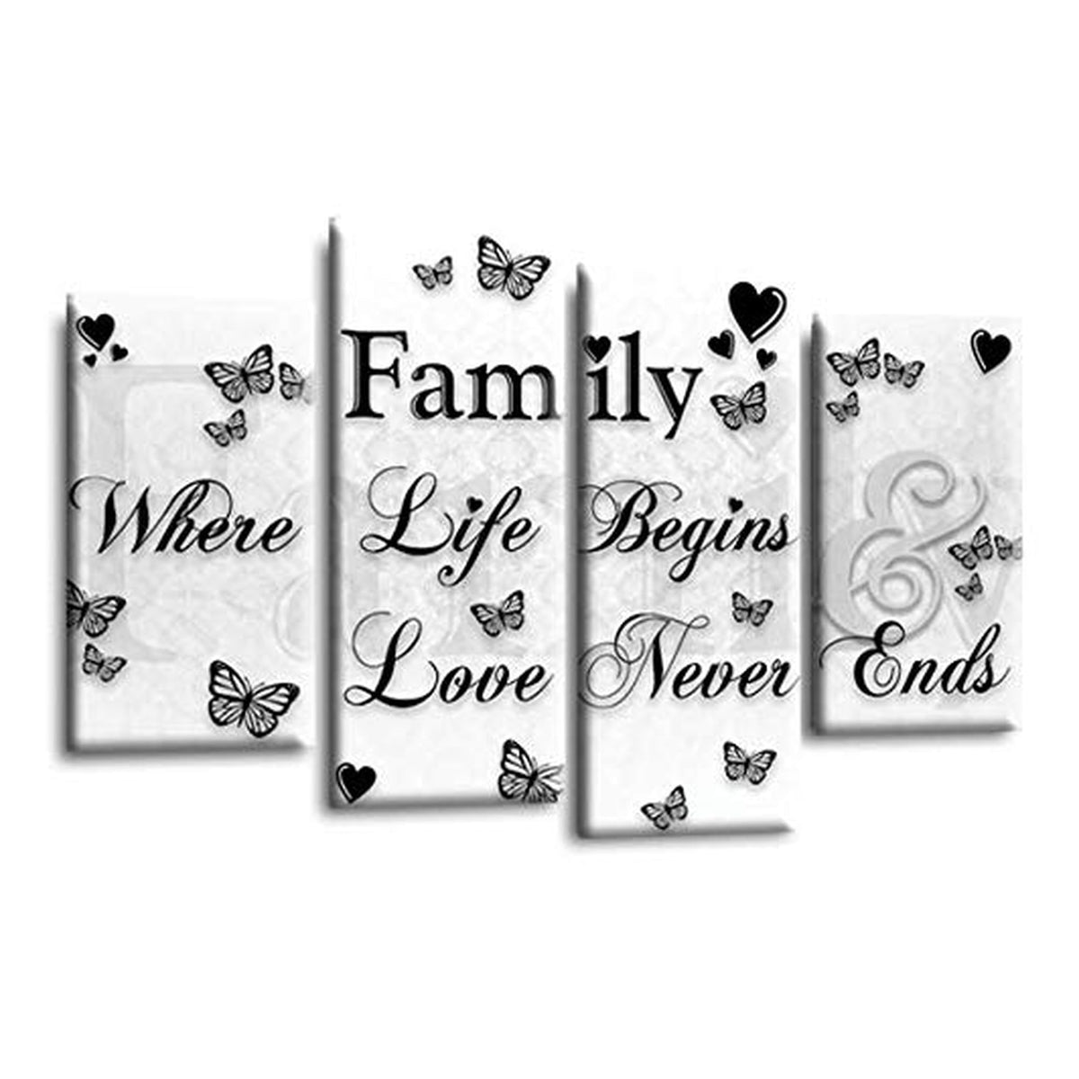 LR Family Quote Wall Art Picture – Grey, Black & White Love Framed 4 Panel Split Canvas Print | Ready to Hang | Modern Wall Art for Living Room, Bedroom & Office