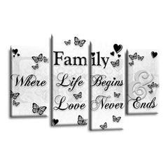 LR Family Quote Wall Art Picture – Grey, Black & White Love Framed 4 Panel Split Canvas Print | Ready to Hang | Modern Wall Art for Living Room, Bedroom & Office
