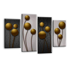 LR Gold Floral Rose Wall Art Picture – Grey Framed 4 Panel Split Canvas Print | Ready to Hang | Modern Wall Art for Living Room, Bedroom & Office